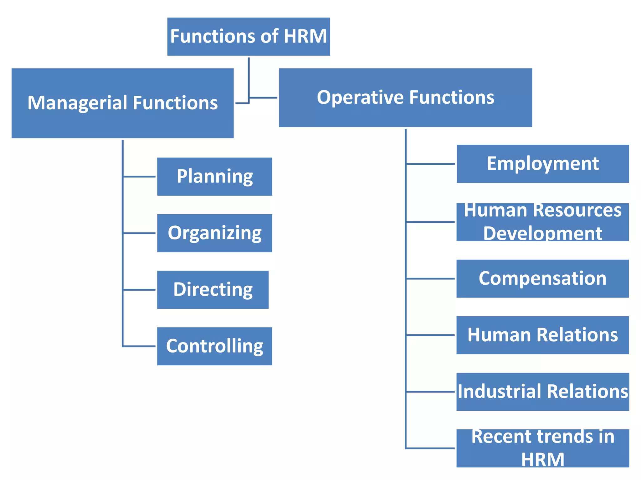Functions of HRM


Managerial Functions        Operative Functions


                                              Employment
               Planning
                                           Human Resources
              Organizing                     Development

                                             Compensation
               Directing

                                            Human Relations
              Controlling

                                           Industrial Relations

                                            Recent trends in
                                                 HRM
 