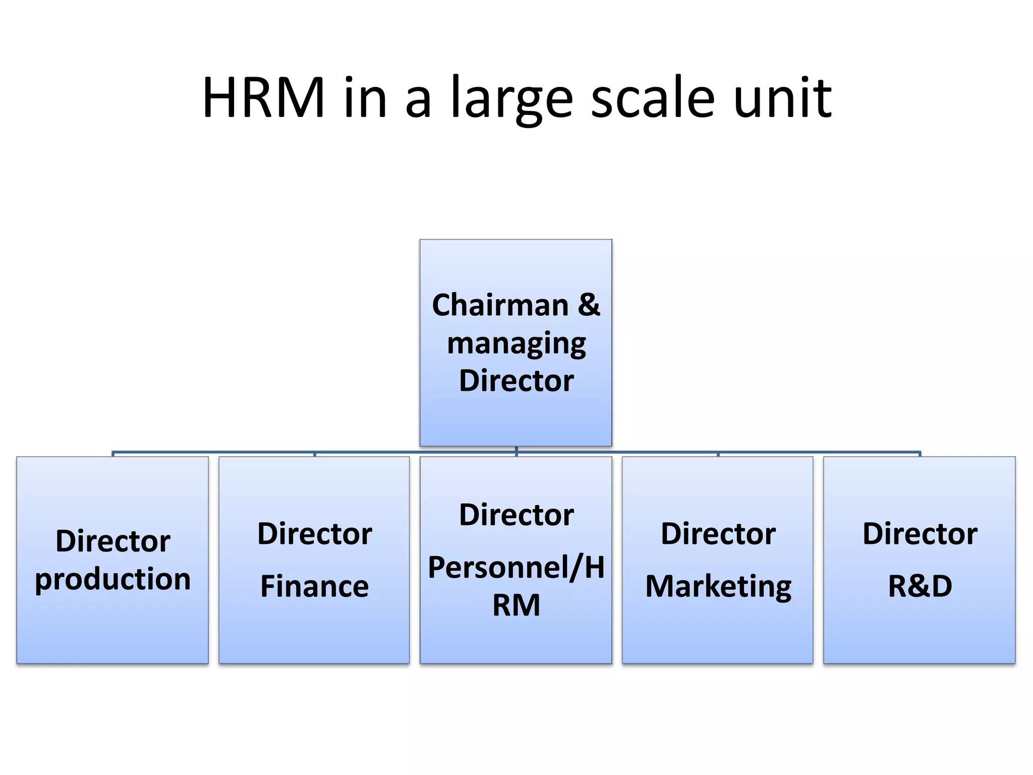 HRM in a large scale unit


                          Chairman &
                           managing
                           Director


                           Director
 Director      Director                 Director    Director
production                Personnel/H
               Finance                  Marketing    R&D
                              RM
 