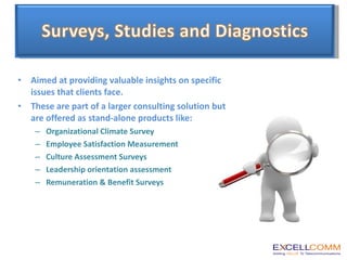 Aimed at providing valuable insights on specific issues that clients face. These are part of a larger consulting solution but are offered as stand-alone products like:   Organizational Climate Survey Employee Satisfaction Measurement Culture Assessment Surveys Leadership orientation assessment Remuneration & Benefit Surveys 