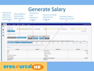 Generate SalaryProvision to
regenerate
salary if any
amendments
Salary Register:
Click to View
Salary register
Provision to
Lock
Salaries for
a month
Provision to HOLD
salary for any
employee
Summary view of
Salaries of a month
 