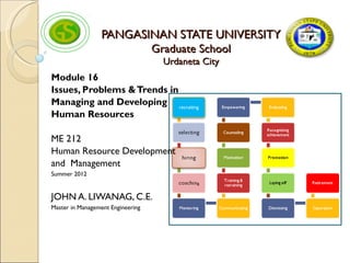 PANGASINAN STATE UNIVERSITY
                         Graduate School
                                   Urdaneta City
Module 16
Issues, Problems & Trends in
Managing and Developing
Human Resources

ME 212
Human Resource Development
and Management
Summer 2012


JOHN A. LIWANAG, C.E.
Master in Management Engineering
 