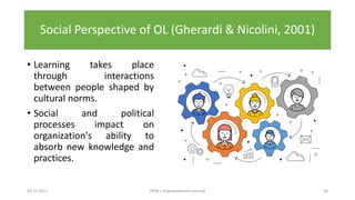 Social Perspective of OL (Gherardi & Nicolini, 2001)
• Learning takes place
through interactions
between people shaped by
cultural norms.
• Social and political
processes impact on
organization's ability to
absorb new knowledge and
practices.
09-11-2021 20
HRM | Organizational Learning
 