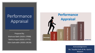 Performance
Appraisal
Prepared By:
Shahrose Bakh (20201-27898)
Rahina Inayat (20201-27775)
Sidra Sadruddin (20201-28138)
Acknowledgement:
Ms. Tayyaba Fasih & Ms. Ayesha
Waseem
 