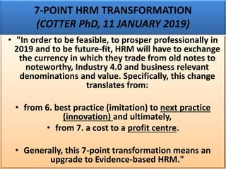 CHANGE MESSAGE TO HR MANAGERS
(Cotter PhD, 2018)
"HRM must be instrumental in and at the
forefront of the I-Q-C-A-P driver...