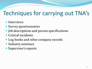 Techniques for carrying out TNA’s 
5 
 Interviews 
 Survey questionnaires 
 Job descriptions and person specifications 
 Critical incidents 
 Log books and other company records 
 Industry seminars 
 Supervisor’s reports 
 