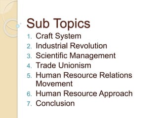 Sub Topics
1. Craft System
2. Industrial Revolution
3. Scientific Management
4. Trade Unionism
5. Human Resource Relations
Movement
6. Human Resource Approach
7. Conclusion
 
