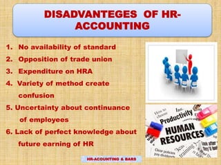 DISADVANTEGES OF HR-
ACCOUNTING
1. No availability of standard
2. Opposition of trade union
3. Expenditure on HRA
4. Variety of method create
confusion
5. Uncertainty about continuance
of employees
6. Lack of perfect knowledge about
future earning of HR
HR-ACOUNTING & BARS
 