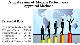 Critical review of Modern Performance
Appraisal Methods
1)Pooja Thatikonda - 201743
2)Priyanka Thorat - 201744
3)Sudhir Upadhyay - 201745
4)Veerlaxmi - 201746
5)Dinesh Yadav - 201748
6)Abhishek Chukka - 201780
Presented By:-
 