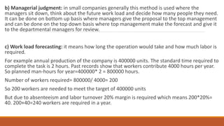 b) Managerial judgment: in small companies generally this method is used where the
managers sit down, think about the future work load and decide how many people they need.
It can be done on bottom up basis where managers give the proposal to the top management
and can be done on the top down basis where top management make the forecast and give it
to the departmental managers for review.
c) Work load forecasting: it means how long the operation would take and how much labor is
required.
For example annual production of the company is 400000 units. The standard time required to
complete the task is 2 hours. Past records show that workers contribute 4000 hours per year.
So planned man-hours for year=400000* 2 = 800000 hours.
Number of workers required= 800000/ 4000= 200
So 200 workers are needed to meet the target of 400000 units
But due to absenteeism and labor turnover 20% margin is required which means 200*20%=
40. 200+40=240 workers are required in a year.
 