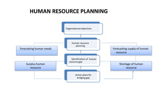 HUMAN RESOURCE PLANNING
Organizational objectives
Human resource
planning
Identification of human
resource gap
Action plans for
bridging gap
Forecasting human needs Forecasting supply of human
resource
Surplus human
resource
Shortage of human
resource
 