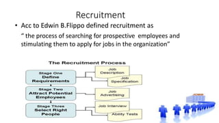 Recruitment
• Acc to Edwin B.Flippo defined recruitment as
“ the process of searching for prospective employees and
stimulating them to apply for jobs in the organization”
 