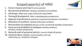 Scope(capacity) of HRM
1. Human resource planning-fill various position
2. Recruitment & Selection- develop a pool(team) of candidates
3. Job Design: define task, assign authority & responsibility
4. Training & Development- helps in developing key competencies
5. Appraisal of performance-systematic assessment & evaluation of workforce
6. Motivation of workforce- develop enthusiastic workforce
7. Remuneration of employees-focuses on fair, consistent & equitable compensation
8. Social security & Welfare of employees-working conditions,
transport, medical assistance etc
9. Review & audit of personnel policies- ensures reliable HR policies
10. Industrial labour relation- ensures healthy union mg
relationship e.g.: settlement of dispute
 