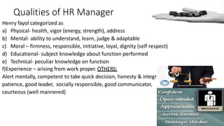 Qualities of HR Manager
Henry fayol categorized as
a) Physical- health, vigor (energy, strength), address
b) Mental- ability to understand, learn, judge & adaptable
c) Moral – firmness, responsible, initiative, loyal, dignity (self respect)
d) Educational- subject knowledge about function performed
e) Technical- peculiar knowledge on function
f)Experience – arising from work proper. OTHERS:
Alert mentally, competent to take quick decision, honesty & integrity,
patience, good leader, socially responsible, good communicator,
courteous (well mannered)
 