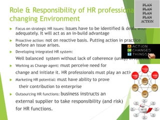 Role & Responsibility of HR professionals in
changing Environment
 Focus on strategic HR issues: Issues have to be identified & dealt with
adequately. It will act as an in-build advantage
 Proactive action: not on reactive basis. Putting action in practice
before an issue arises.
 Developing integrated HR system:
Well balanced system without lack of coherence (unity) in function
 Working as Change agent: must perceive need for
change and initiate it. HR professionals must play an active role.
 Marketing HR potential: must have ability to prove
their contribution to enterprise
 Outsourcing HR functions: business instructs an
external supplier to take responsibility (and risk)
for HR functions.
 