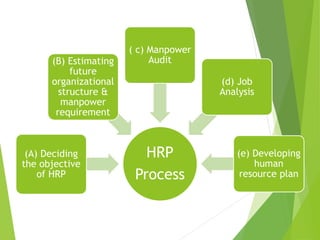 HRP
Process
(A) Deciding
the objective
of HRP
(B) Estimating
future
organizational
structure &
manpower
requirement
( c) Manpower
Audit
(d) Job
Analysis
(e) Developing
human
resource plan
 