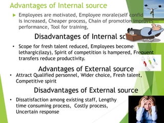 Advantages of Internal source
 Employees are motivated, Employee morale(self confident)
is increased, Cheaper process, Chain of promotion improves
performance, Tool for training,
Disadvantages of Internal source
• Attract Qualified personnel, Wider choice, Fresh talent,
Competitive spirit
Advantages of External source
Disadvantages of External source
• Scope for fresh talent reduced, Employees become
lethargic(lazy), Spirit of competition is hampered, Frequent
transfers reduce productivity.
• Dissatisfaction among existing staff, Lengthy
time consuming process, Costly process,
Uncertain response
 