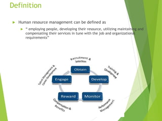 Definition
 Human resource management can be defined as
 “ employing people, developing their resource, utilizing maintaining and
compensating their services in tune with the job and organizational
requirements”
 
