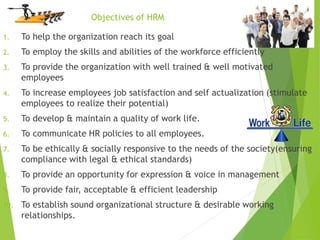 Objectives of HRM
1. To help the organization reach its goal
2. To employ the skills and abilities of the workforce efficiently
3. To provide the organization with well trained & well motivated
employees
4. To increase employees job satisfaction and self actualization (stimulate
employees to realize their potential)
5. To develop & maintain a quality of work life.
6. To communicate HR policies to all employees.
7. To be ethically & socially responsive to the needs of the society(ensuring
compliance with legal & ethical standards)
8. To provide an opportunity for expression & voice in management
9. To provide fair, acceptable & efficient leadership
10. To establish sound organizational structure & desirable working
relationships.
 