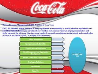 DIRECTOR
HR
Human Resource Management (HRM) Practices at Coca Cola:
Coca Cola considers human resources as a key department. A responsibility of Human Resource department is to
provide a method of employee recruitment and retention that produce maximum employee satisfaction and
performance on the job. Coca Cola place great emphasis on people development so that people and organization
perform at maximum capacity in a highly effective manner.
 