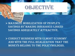 OBJECTIVEMaximize mobilization of people's savings by making insurance-linked savings adequately attractive. 
