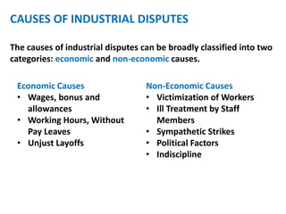 CAUSES OF INDUSTRIAL DISPUTES
The causes of industrial disputes can be broadly classified into two
categories: economic and non-economic causes.
Economic Causes
• Wages, bonus and
allowances
• Working Hours, Without
Pay Leaves
• Unjust Layoffs
Non-Economic Causes
• Victimization of Workers
• Ill Treatment by Staff
Members
• Sympathetic Strikes
• Political Factors
• Indiscipline
 