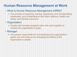 Human Resource Management at Work
• What Is Human Resource Management (HRM)?
➢ The process of acquiring, training, appraising, and compensating
employees, and of attending to their labor relations, health and
safety, and fairness concerns.
• Organization
➢ People with formally assigned roles who work together to
achieve the organization’s goals.
• Manager
➢ The person responsible for accomplishing the organization’s
goals, and who does so by managing the efforts of the
organization’s people.
 