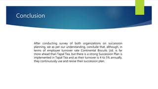 Conclusion
After conducting survey of both organizations on succession
planning, we as per our understanding, conclude that, although, in
terms of employee turnover rate Continental Biscuits Ltd. is far
more ahead than Tapal Tea, but there is a strong Succession Plan is
implemented in Tapal Tea and as their turnover is 4 to 5% annually,
they continuously use and revise their succession plan.
 