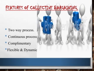 FEATURES OF COLLECTIVE BARGAINING.
• Two way process.
• Continuous process
• Complimentary
•Flexible & Dynamic
 