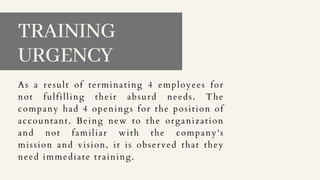TRAINING
URGENCY
As a result of terminating 4 employees for
not fulfilling their absurd needs. The
company had 4 openings for the position of
accountant. Being new to the organization
and not familiar with the company's
mission and vision, it is observed that they
need immediate training.
 
