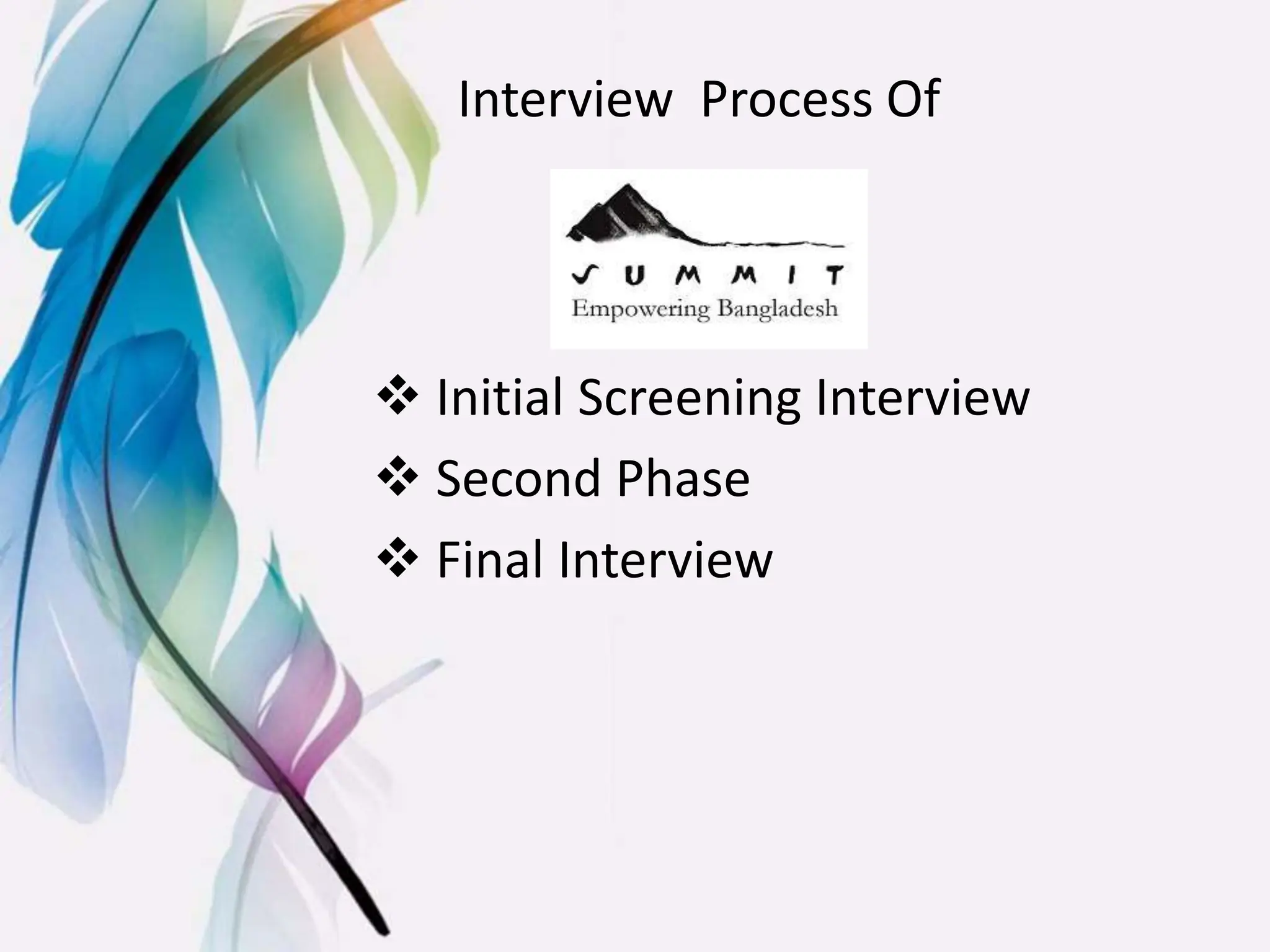 Interview Process Of
 Initial Screening Interview
 Second Phase
 Final Interview
 