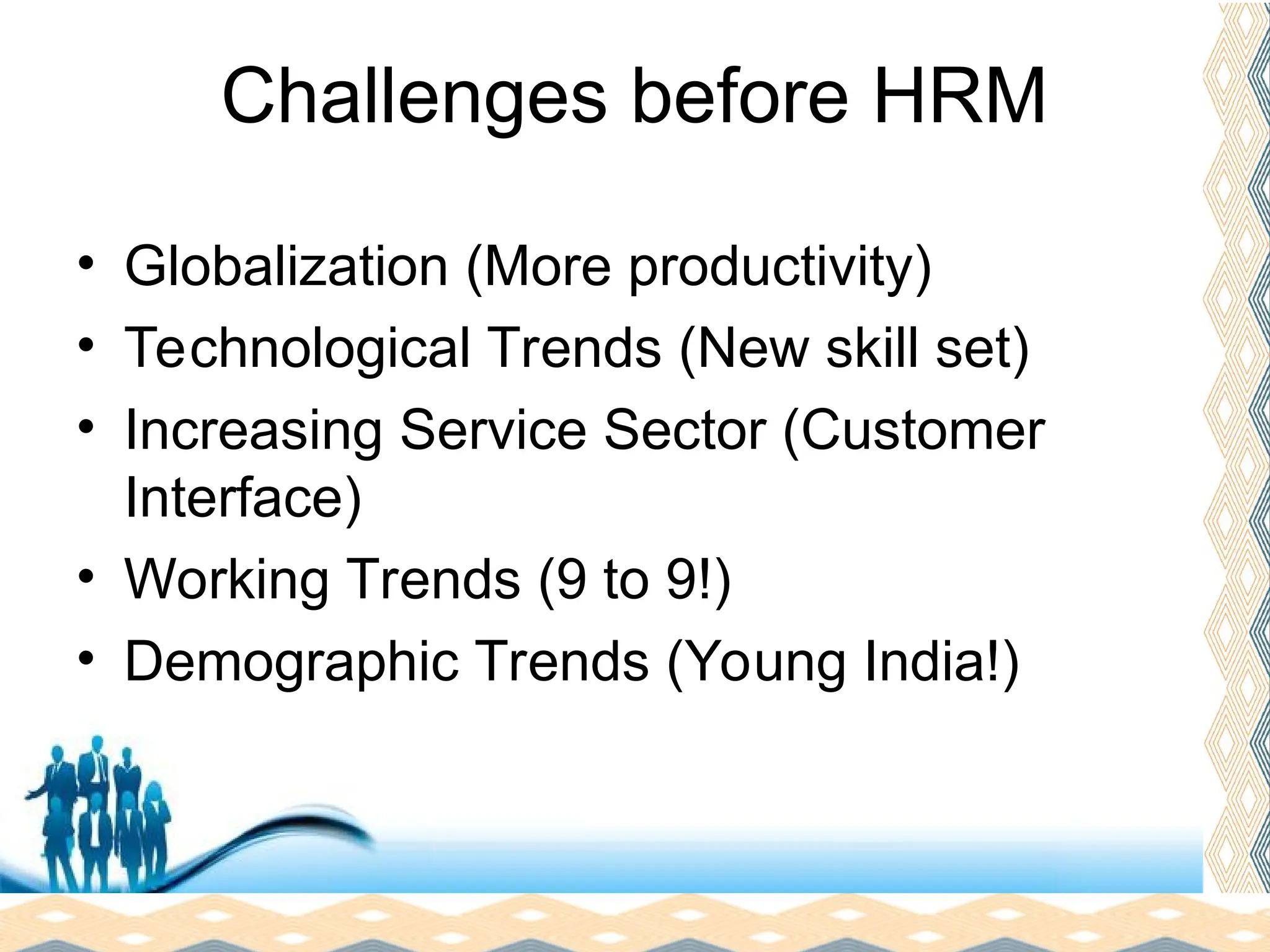 Free Powerpoint Templates
Page 27
Challenges before HRM
• Globalization (More productivity)
• Technological Trends (New skill set)
• Increasing Service Sector (Customer
Interface)
• Working Trends (9 to 9!)
• Demographic Trends (Young India!)
 