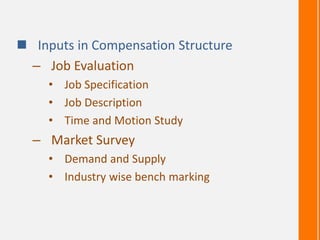  Inputs in Compensation Structure
– Job Evaluation
• Job Specification
• Job Description
• Time and Motion Study
– Market Survey
• Demand and Supply
• Industry wise bench marking
 