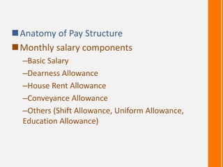 Anatomy of Pay Structure
Monthly salary components
–Basic Salary
–Dearness Allowance
–House Rent Allowance
–Conveyance Allowance
–Others (Shift Allowance, Uniform Allowance,
Education Allowance)
 