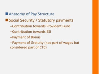 Anatomy of Pay Structure
Social Security / Statutory payments
–Contribution towards Provident Fund
–Contribution towards ESI
–Payment of Bonus
–Payment of Gratuity (not part of wages but
considered part of CTC)
 