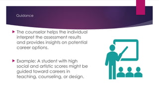 Guidance
 The counselor helps the individual
interpret the assessment results
and provides insights on potential
career options.
 Example: A student with high
social and artistic scores might be
guided toward careers in
teaching, counseling, or design.
 