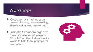 Workshops
 Group sessions that focus on
career planning, resume writing,
interview skills, and networking.
 Example: A company organizes
a workshop for employees on
“How to Transition to Leadership
Roles” to help them prepare for
promotions.
 
