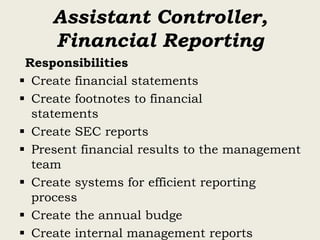 Assistant Controller,
Financial Reporting
Responsibilities
 Create financial statements
 Create footnotes to financial
statements
 Create SEC reports
 Present financial results to the management
team
 Create systems for efficient reporting
process
 Create the annual budge
 Create internal management reports
 