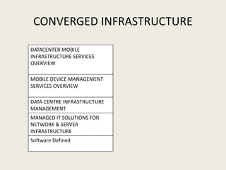 CONVERGED INFRASTRUCTURE
DATACENTER MOBILE
INFRASTRUCTURE SERVICES
OVERVIEW
MOBILE DEVICE MANAGEMENT
SERVICES OVERVIEW
DATA CENTRE INFRASTRUCTURE
MANAGEMENT
MANAGED IT SOLUTIONS FOR
NETWORK & SERVER
INFRASTRUCTURE
Software Defined
 