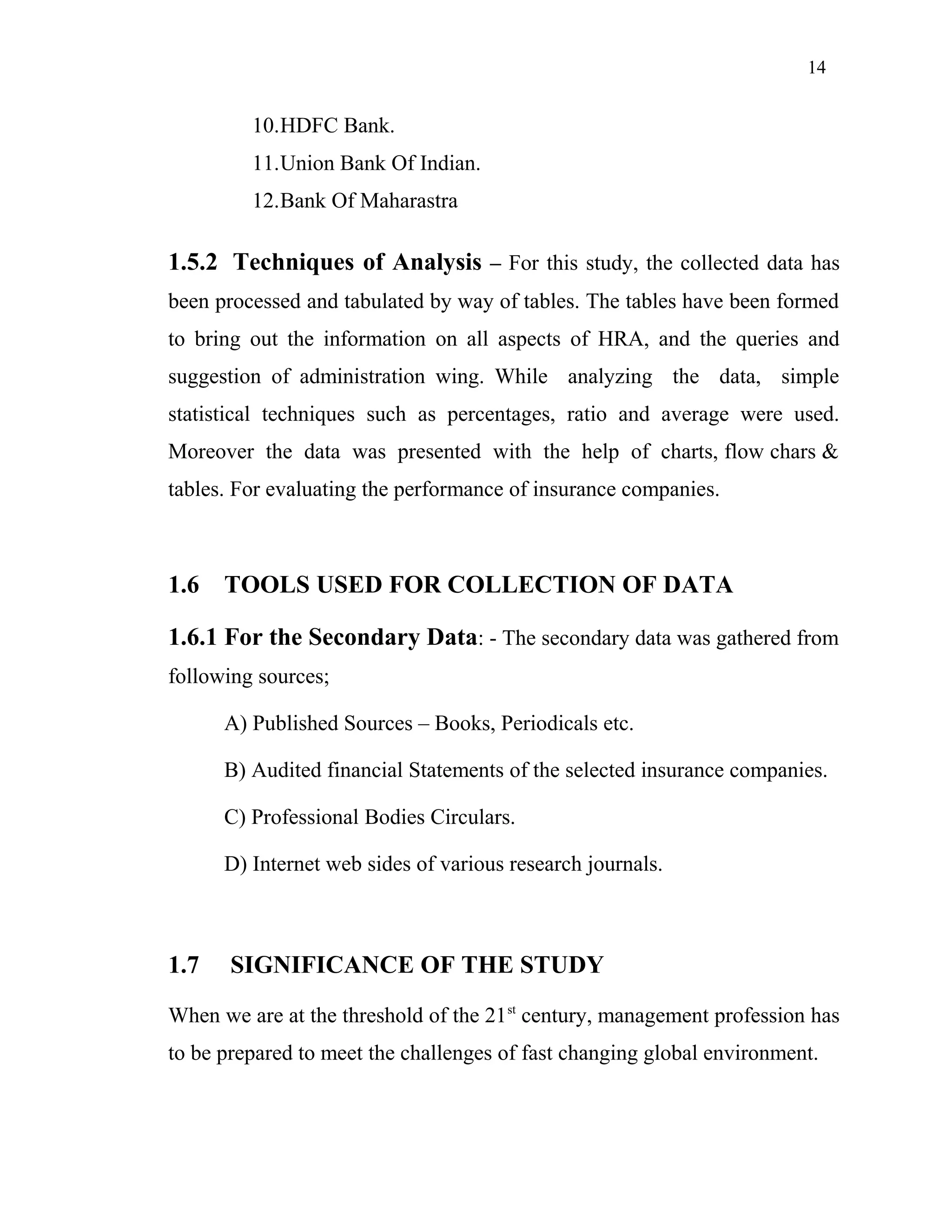 14
10.HDFC Bank.
11.Union Bank Of Indian.
12.Bank Of Maharastra
1.5.2 Techniques of Analysis – For this study, the collected data has
been processed and tabulated by way of tables. The tables have been formed
to bring out the information on all aspects of HRA, and the queries and
suggestion of administration wing. While analyzing the data, simple
statistical techniques such as percentages, ratio and average were used.
Moreover the data was presented with the help of charts, flow chars &
tables. For evaluating the performance of insurance companies.
1.6 TOOLS USED FOR COLLECTION OF DATA
1.6.1 For the Secondary Data: - The secondary data was gathered from
following sources;
A) Published Sources – Books, Periodicals etc.
B) Audited financial Statements of the selected insurance companies.
C) Professional Bodies Circulars.
D) Internet web sides of various research journals.
1.7 SIGNIFICANCE OF THE STUDY
When we are at the threshold of the 21st
century, management profession has
to be prepared to meet the challenges of fast changing global environment.
 