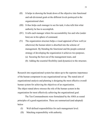 33
(II) It helps in showing the break down of the objective into functional
and sub divisional goals at the different levels portrayed in the
organizational chart.
(III) It thus helps each manager to see his task; it also tells him what
authority he has to accomplish.
(IV) It tells each manager where his accountability lies and who (under
him) are in his sphere of command.
(V) The organization structure helps a visual appraisal of how well (or
otherwise) the human talent is absorbed into the scheme of
management. By blending the functional and the people-centered
strategy of developing the organization it achieves two purposes.
(a) Securing the best out of the management team, and
(b) Adding the essential flexibility (and dynamics) to the structure.
Research into organizational system has taken up to the supreme importance
of the human component in any organizational set-up. The stated aim of
organizational analysis and planning is designing the most effective overall
human system for achieving the objectives of an organization.
The object stated above stresses the role of the human system in the
organization for most effectively achieving the organizational goal.
The Ten Commandments were formulated by the AMA as sound
principles of a good organization. These are summarized (and adopted)
below
(I) Well defined responsibilities for each management level.
(II) Matching responsibility with authority.
 