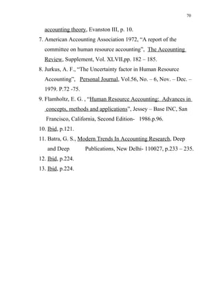 70
accounting theory, Evanston III, p. 10.
7. American Accounting Association 1972, “A report of the
committee on human resource accounting”, The Accounting
Review, Supplement, Vol. XLVII,pp. 182 – 185.
8. Jurkus, A. F., “The Uncertainty factor in Human Resource
Accounting”, Personal Journal, Vol.56, No. – 6, Nov. – Dec. –
1979. P.72 -75.
9. Flamholtz, E. G. , “Human Resource Accounting: Advances in
concepts, methods and applications”, Jessey – Base INC, San
Francisco, California, Second Edition- 1986.p.96.
10. Ibid, p.121.
11. Batra, G. S., Modern Trends In Accounting Research, Deep
and Deep Publications, New Delhi- 110027, p.233 – 235.
12. Ibid, p.224.
13. Ibid, p.224.
 