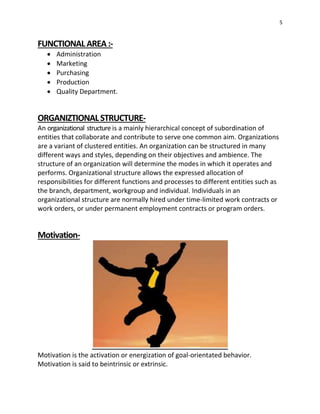 5
FUNCTIONALAREA:-
 Administration
 Marketing
 Purchasing
 Production
 Quality Department.
ORGANIZTIONALSTRUCTURE-
An organizational structure is a mainly hierarchical concept of subordination of
entities that collaborate and contribute to serve one common aim. Organizations
are a variant of clustered entities. An organization can be structured in many
different ways and styles, depending on their objectives and ambience. The
structure of an organization will determine the modes in which it operates and
performs. Organizational structure allows the expressed allocation of
responsibilities for different functions and processes to different entities such as
the branch, department, workgroup and individual. Individuals in an
organizational structure are normally hired under time-limited work contracts or
work orders, or under permanent employment contracts or program orders.
Motivation-
Motivation is the activation or energization of goal-orientated behavior.
Motivation is said to beintrinsic or extrinsic.
 