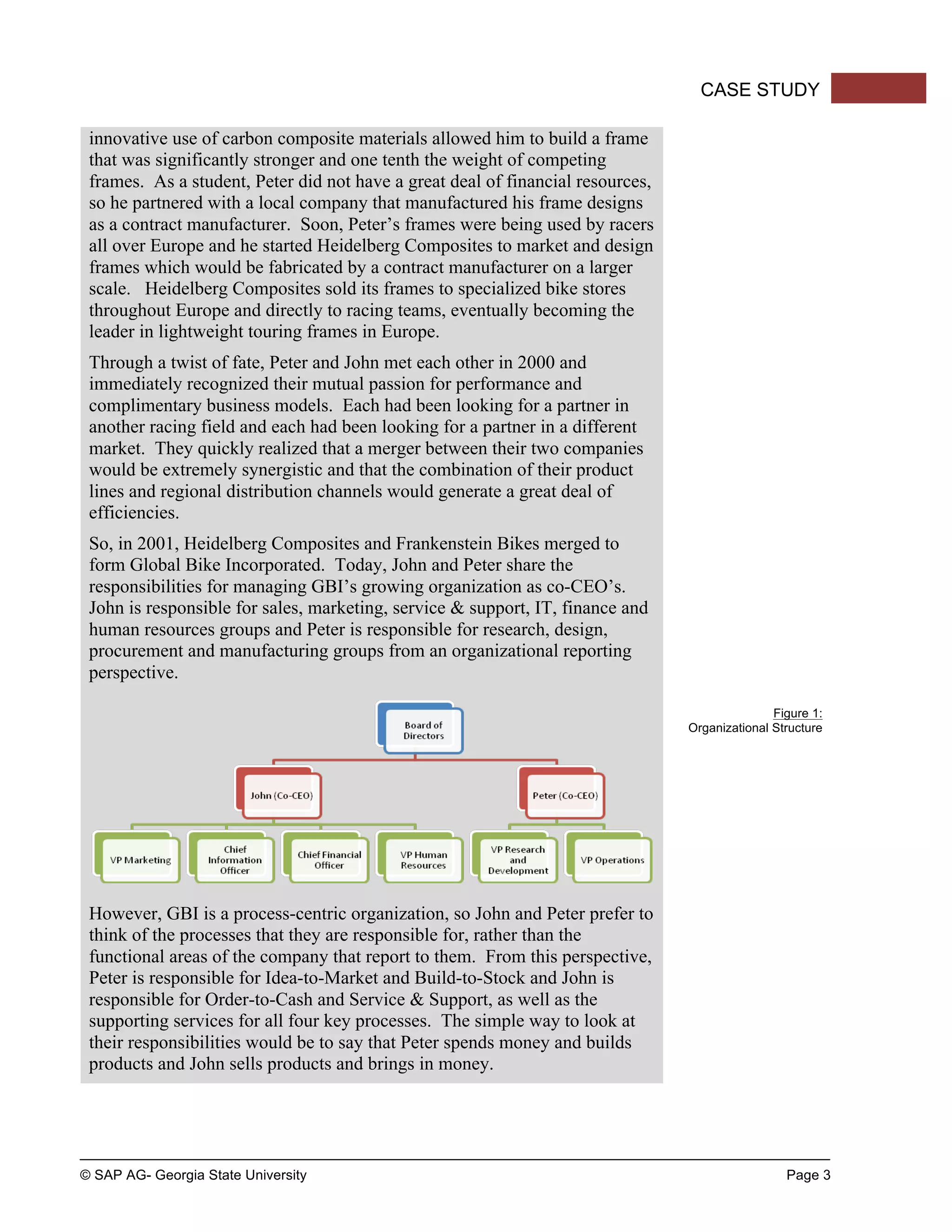 © SAP AG- Georgia State University Page 3
CASE STUDY
innovative use of carbon composite materials allowed him to build a frame
that was significantly stronger and one tenth the weight of competing
frames. As a student, Peter did not have a great deal of financial resources,
so he partnered with a local company that manufactured his frame designs
as a contract manufacturer. Soon, Peter’s frames were being used by racers
all over Europe and he started Heidelberg Composites to market and design
frames which would be fabricated by a contract manufacturer on a larger
scale. Heidelberg Composites sold its frames to specialized bike stores
throughout Europe and directly to racing teams, eventually becoming the
leader in lightweight touring frames in Europe.
Through a twist of fate, Peter and John met each other in 2000 and
immediately recognized their mutual passion for performance and
complimentary business models. Each had been looking for a partner in
another racing field and each had been looking for a partner in a different
market. They quickly realized that a merger between their two companies
would be extremely synergistic and that the combination of their product
lines and regional distribution channels would generate a great deal of
efficiencies.
So, in 2001, Heidelberg Composites and Frankenstein Bikes merged to
form Global Bike Incorporated. Today, John and Peter share the
responsibilities for managing GBI’s growing organization as co-CEO’s.
John is responsible for sales, marketing, service & support, IT, finance and
human resources groups and Peter is responsible for research, design,
procurement and manufacturing groups from an organizational reporting
perspective.
Figure 1:
Organizational Structure
However, GBI is a process-centric organization, so John and Peter prefer to
think of the processes that they are responsible for, rather than the
functional areas of the company that report to them. From this perspective,
Peter is responsible for Idea-to-Market and Build-to-Stock and John is
responsible for Order-to-Cash and Service & Support, as well as the
supporting services for all four key processes. The simple way to look at
their responsibilities would be to say that Peter spends money and builds
products and John sells products and brings in money.
 
