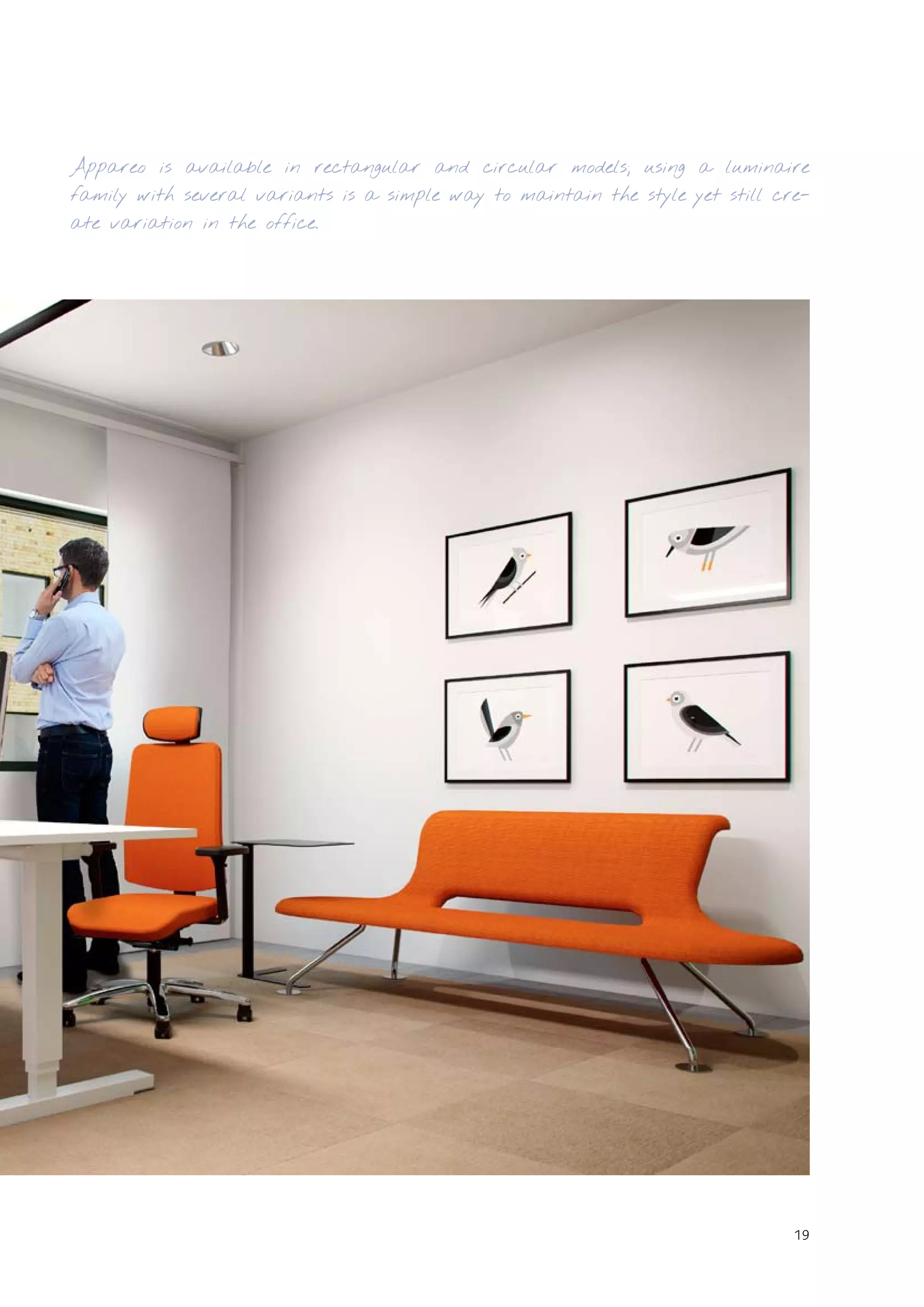 Appareo is available in rectangular and circular models; using a luminaire
family with several variants is a simple way to maintain the style yet still cre-
ate variation in the office.
19
 