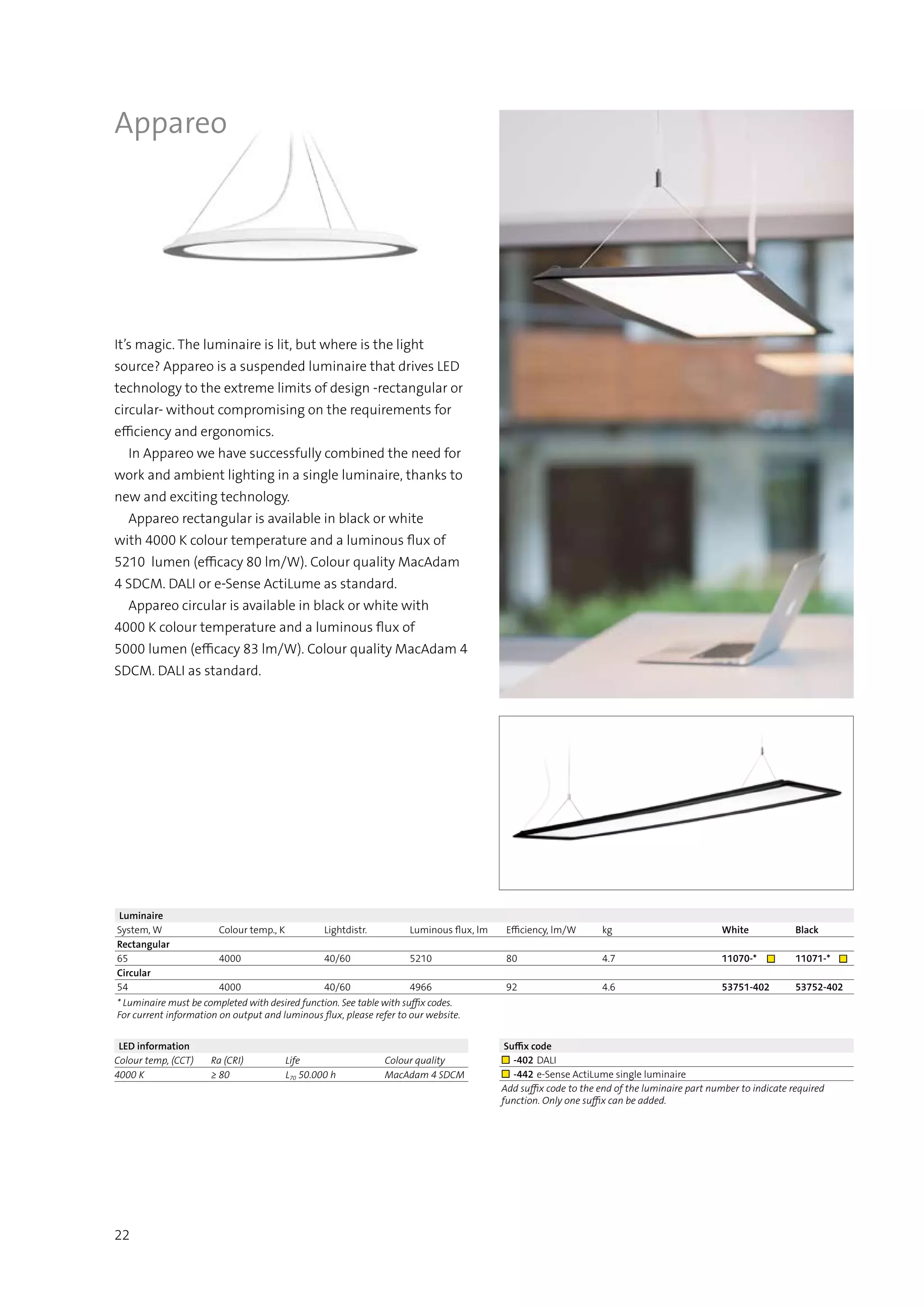 Luminaire
System, W Colour temp., K Lightdistr. Luminous flux, lm Efficiency, lm/W kg White Black
Rectangular
65 4000 40/60 5210 80 4.7 11070-*  ■ 11071-* ■
Circular
54 4000 40/60 4966 92 4.6 53751-402 53752-402
* Luminaire must be completed with desired function. See table with suffix codes.
For current information on output and luminous flux, please refer to our website.
Suffix code
■ -402 DALI
■ -442 e-Sense ActiLume single luminaire
Add suffix code to the end of the luminaire part number to indicate required
function. Only one suffix can be added.
LED information
Colour temp, (CCT) Ra (CRI) Life Colour quality
4000 K ≥ 80 L70 50.000 h MacAdam 4 SDCM
22
It’s magic. The luminaire is lit, but where is the light
source? Appareo is a suspended luminaire that drives LED
technology to the extreme limits of design -rectangular or
circular- without compromising on the requirements for
efficiency and ergonomics.
  In Appareo we have successfully combined the need for
work and ambient lighting in a single luminaire, thanks to
new and exciting technology.
  Appareo rectangular is available in black or white
with 4000 K colour temperature and a luminous flux of
5210  lumen (efficacy 80 lm/W). Colour quality MacAdam
4 SDCM. DALI or e-Sense ActiLume as standard.
  Appareo circular is available in black or white with
4000 K colour temperature and a luminous flux of
5000 lumen (efficacy 83 lm/W). Colour quality MacAdam 4
SDCM. DALI as standard.
Appareo
 