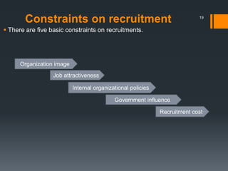 Constraints on recruitment
 There are five basic constraints on recruitments.
Organization image
Job attractiveness
Internal organizational policies
Government influence
Recruitment cost
19
 