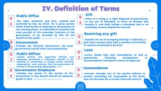 Public Office
-the right, authority and duty, created and
conferred by law, by which, for a given period,
either fixed by law or enduring at the pleasure of
the creating power, an individual is invested with
some portion of the sovereign functions of the
government, to be exercised by him for the
benefit of the public. (Laurel vs. Desierto, G.R. No. 145368, April 12, 2002)
Public Officer
includes elective and appointive officials and
employees, permanent or temporary, whether in the
classified or unclassified or exempt service receiving
compensation, even nominal, from the government as
defined in the preceding subparagraph. RA3019
Government
Includes the National Government, the local
governments and all other instrumentalities.
0
1
0
5
0
2
Gift
refers to a thing or a right disposed of gratuitously,
or any act of liberality, in favor of another who
accepts it, and shall include a simulated sale or an
ostensibly onerous disposition thereof.
0
7
0
6
Government Employee
0
3
0
8
-includes the act of accepting directly or indirectly, a
gift from a person other than a member of his family
or relative as defined in RA 6713.
-contract whereby one of the parties delivers to
another something not consumable so the latter
may use the same for a certain time and return it
Commodatum
Receiving any gift
-includes any person in the service of the
Government or any branch thereof of whatever
grade or class. old Administrative Code (Act No. 2657)
0
4
Loan
-covers simple loan and commodatum as well as
guarantees, financing arrangement or
accommodation intended to ensure its approval
 