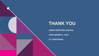 THANK YOU
JAMES ERVIN BALANGYAO
JOSH ANDREI C. FALE
3RD YEAR BSAIS
 