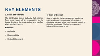 KEY ELEMENTS
3. Chain of Command
The continuous line of authority that extends
from upper levels of an organization to the
lowest levels of the organization and clarifies
who reports to whom.
Elements:
• Authority
• Responsibility
• Unity of Command
7
4. Span of Control
Span of control is that a manager can handle how
many employees in organization efficiently and
effectively. Manager is how much capable enough to
direct the employees. Whether employees are
following his command or not.
 