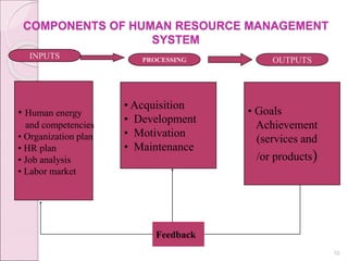 COMPONENTS OF HUMAN RESOURCE MANAGEMENT
SYSTEM
10
INPUTS PROCESSING OUTPUTS
• Acquisition
• Development
• Motivation
• Maintenance
• Goals
Achievement
(services and
/or products)
Feedback
• Human energy
and competencies
• Organization plan
• HR plan
• Job analysis
• Labor market
 